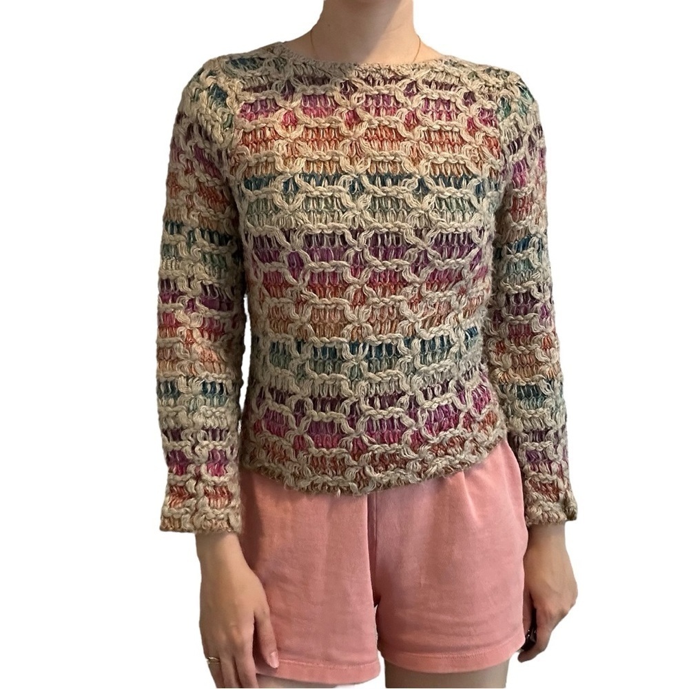 Vintage Knit Sweater Colorful Boho Rainbow Unique Artsy Fall Fun Size Medium